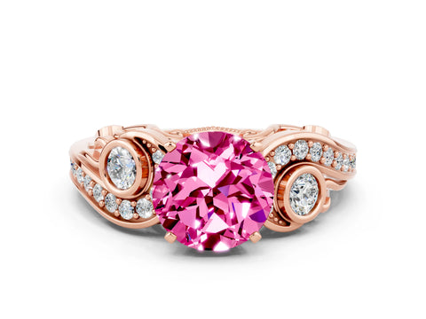Rose gold Round Cut Pink Sapphire Solitaire Ring with Milgrain Pavé Band and Four-Prong Setting_24