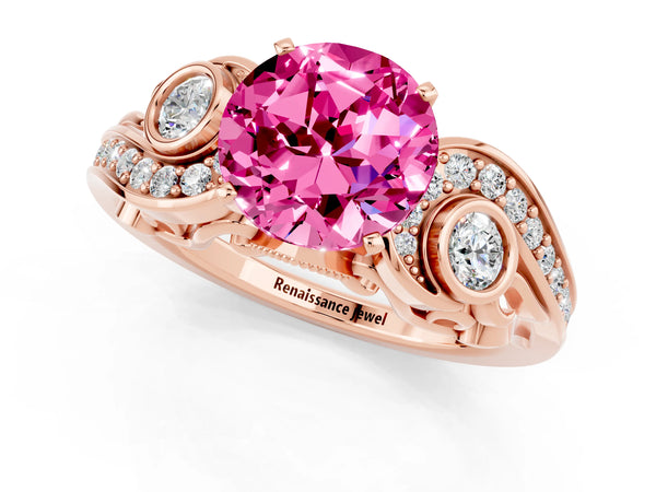 Rose gold Round Cut Pink Sapphire Solitaire Ring with Milgrain Pavé Band and Four-Prong Setting