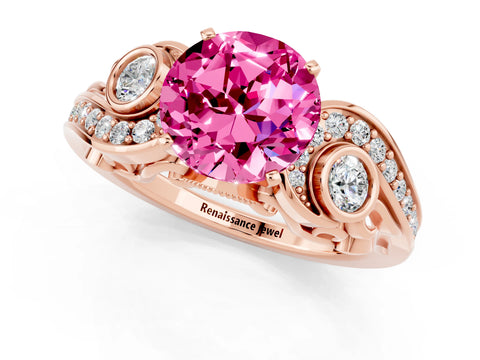 Rose gold Round Cut Pink Sapphire Solitaire Ring with Milgrain Pavé Band and Four-Prong Setting_25