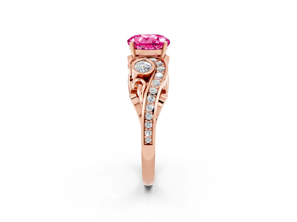 Rose gold Round Cut Pink Sapphire Solitaire Ring with Milgrain Pavé Band and Four-Prong Setting
