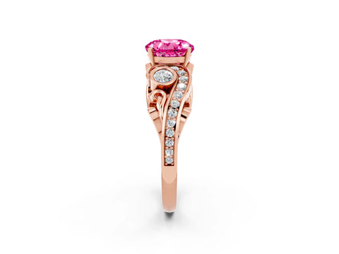 Rose gold Round Cut Pink Sapphire Solitaire Ring with Milgrain Pavé Band and Four-Prong Setting_26
