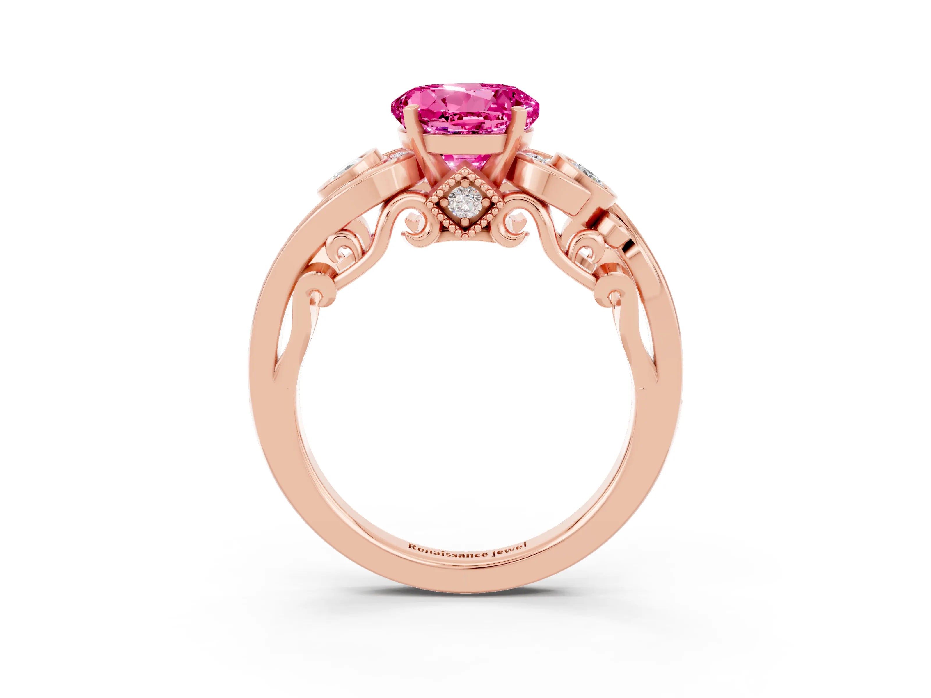Rose gold Round Cut Pink Sapphire Solitaire Ring with Milgrain Pavé Band and Four-Prong Setting_27
