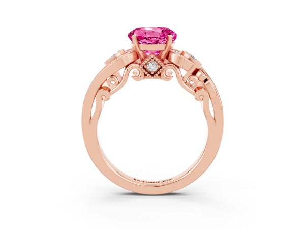 Rose gold Round Cut Pink Sapphire Solitaire Ring with Milgrain Pavé Band and Four-Prong Setting