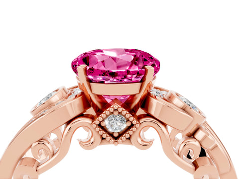 Rose gold Round Cut Pink Sapphire Solitaire Ring with Milgrain Pavé Band and Four-Prong Setting_28