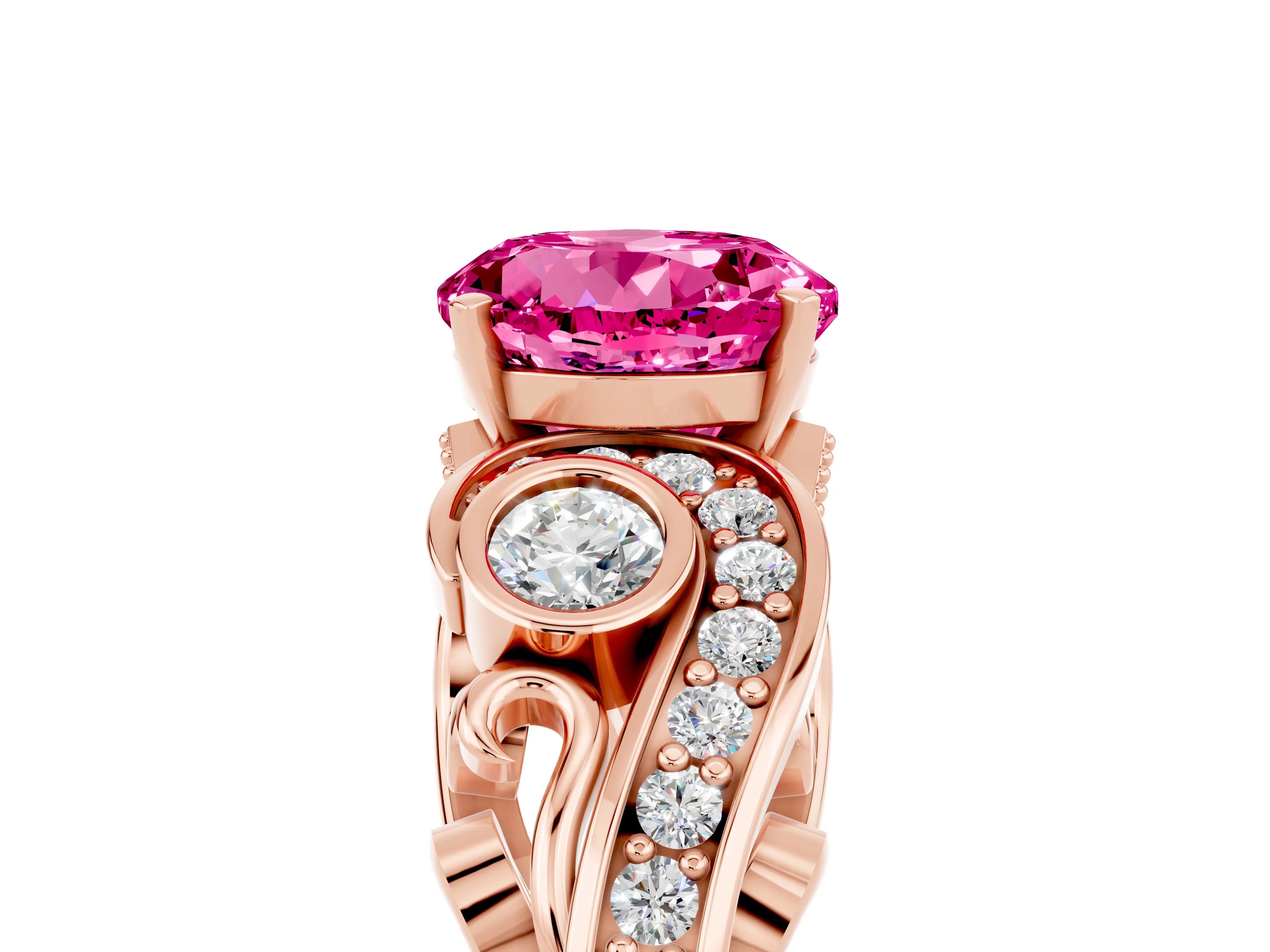 Rose gold Round Cut Pink Sapphire Solitaire Ring with Milgrain Pavé Band and Four-Prong Setting_29
