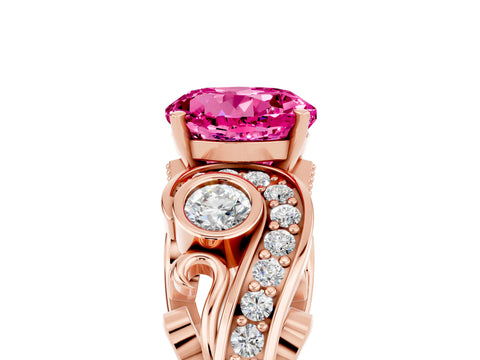 Rose gold Round Cut Pink Sapphire Solitaire Ring with Milgrain Pavé Band and Four-Prong Setting_29