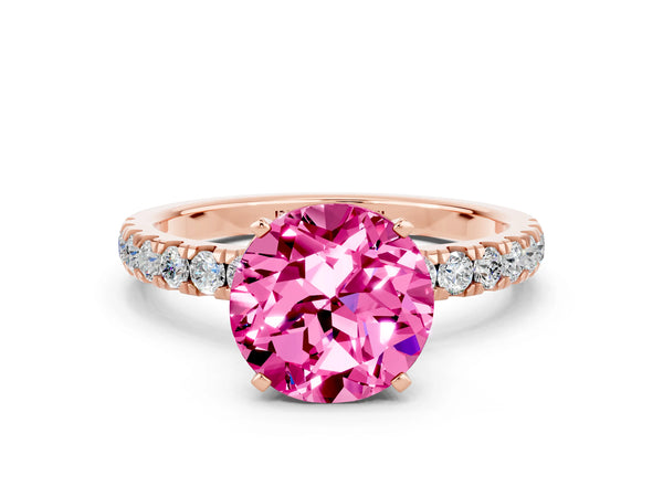 Rose gold Round Cut Pink Sapphire Solitaire Ring with Pavé Accents and Four-Prong Setting