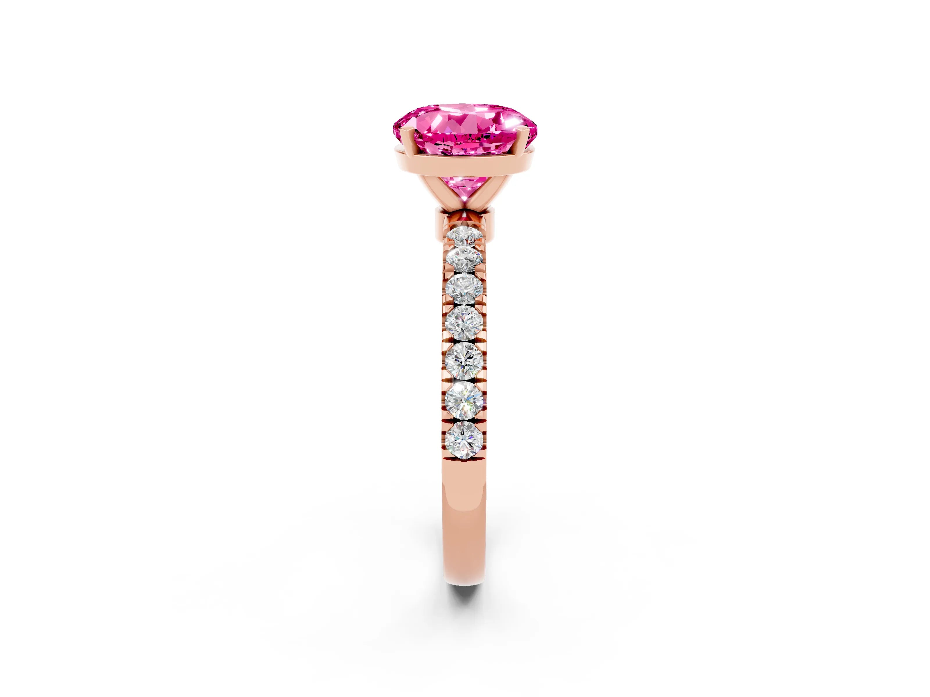 Rose gold Round Cut Pink Sapphire Solitaire Ring with Pavé Accents and Four-Prong Setting_26