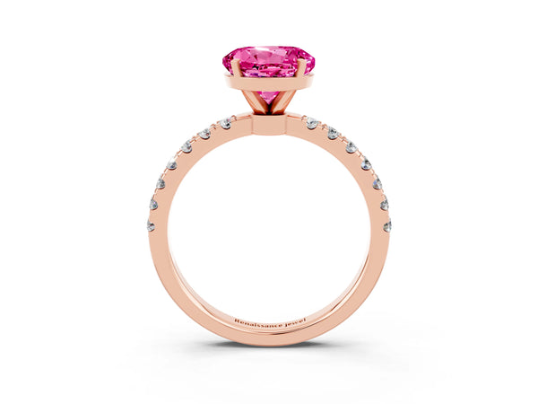 Rose gold Round Cut Pink Sapphire Solitaire Ring with Pavé Accents and Four-Prong Setting