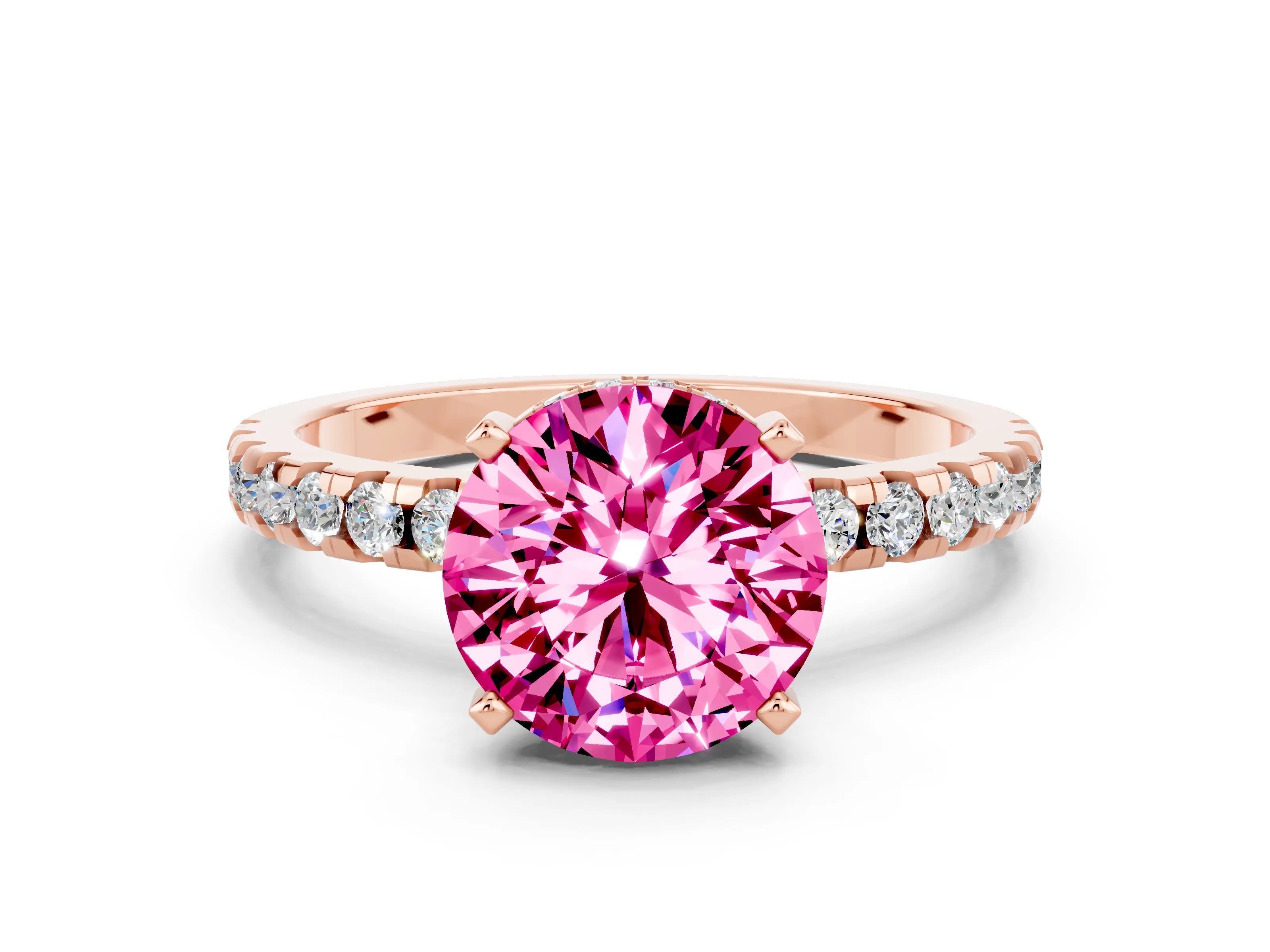 Rose gold Round Cut Pink Sapphire Solitaire Ring with Pavé Band and Four-Prong Setting_60