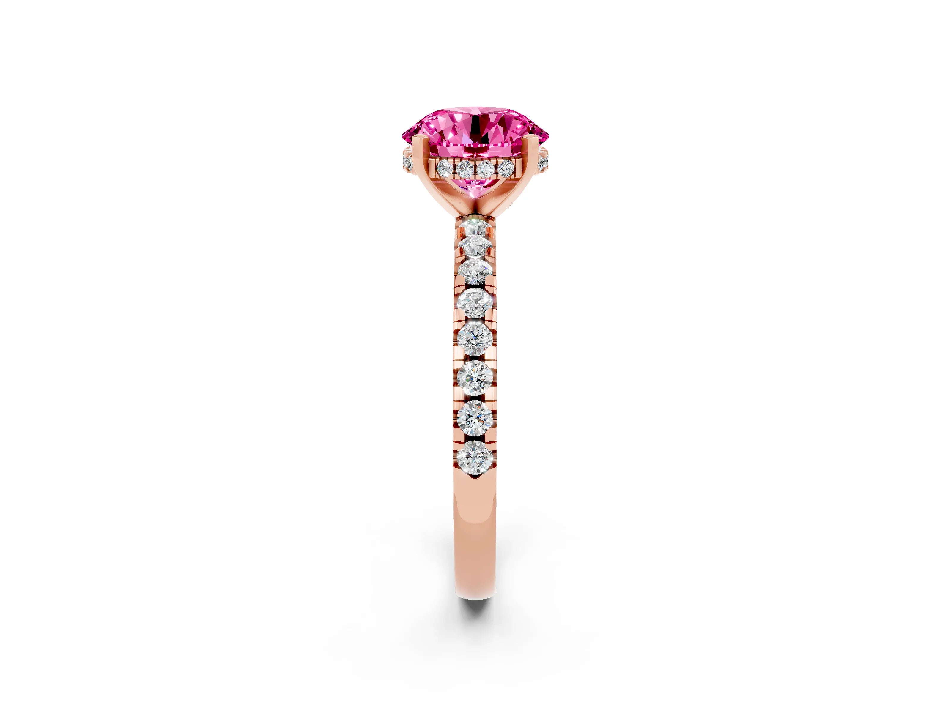 Rose gold Round Cut Pink Sapphire Solitaire Ring with Pavé Band and Four-Prong Setting_62
