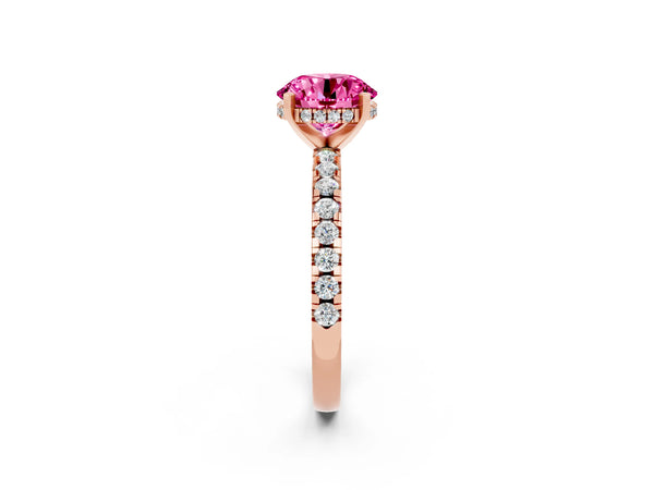 Rose gold Round Cut Pink Sapphire Solitaire Ring with Round  Pavé Band and Four-Prong Setting