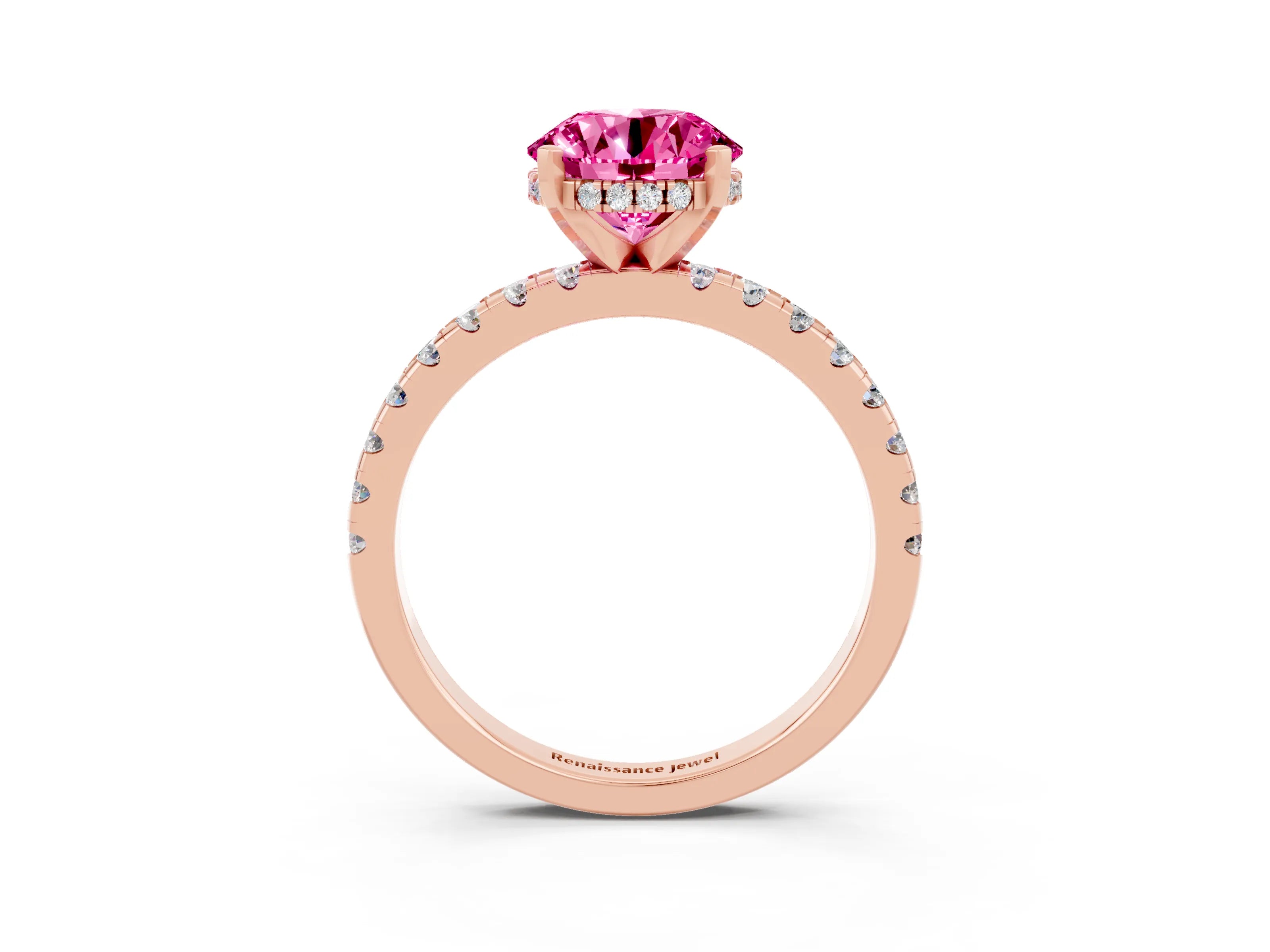 Rose gold Round Cut Pink Sapphire Solitaire Ring with Pavé Band and Four-Prong Setting_63