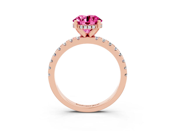 Rose gold Round Cut Pink Sapphire Solitaire Ring with Round  Pavé Band and Four-Prong Setting