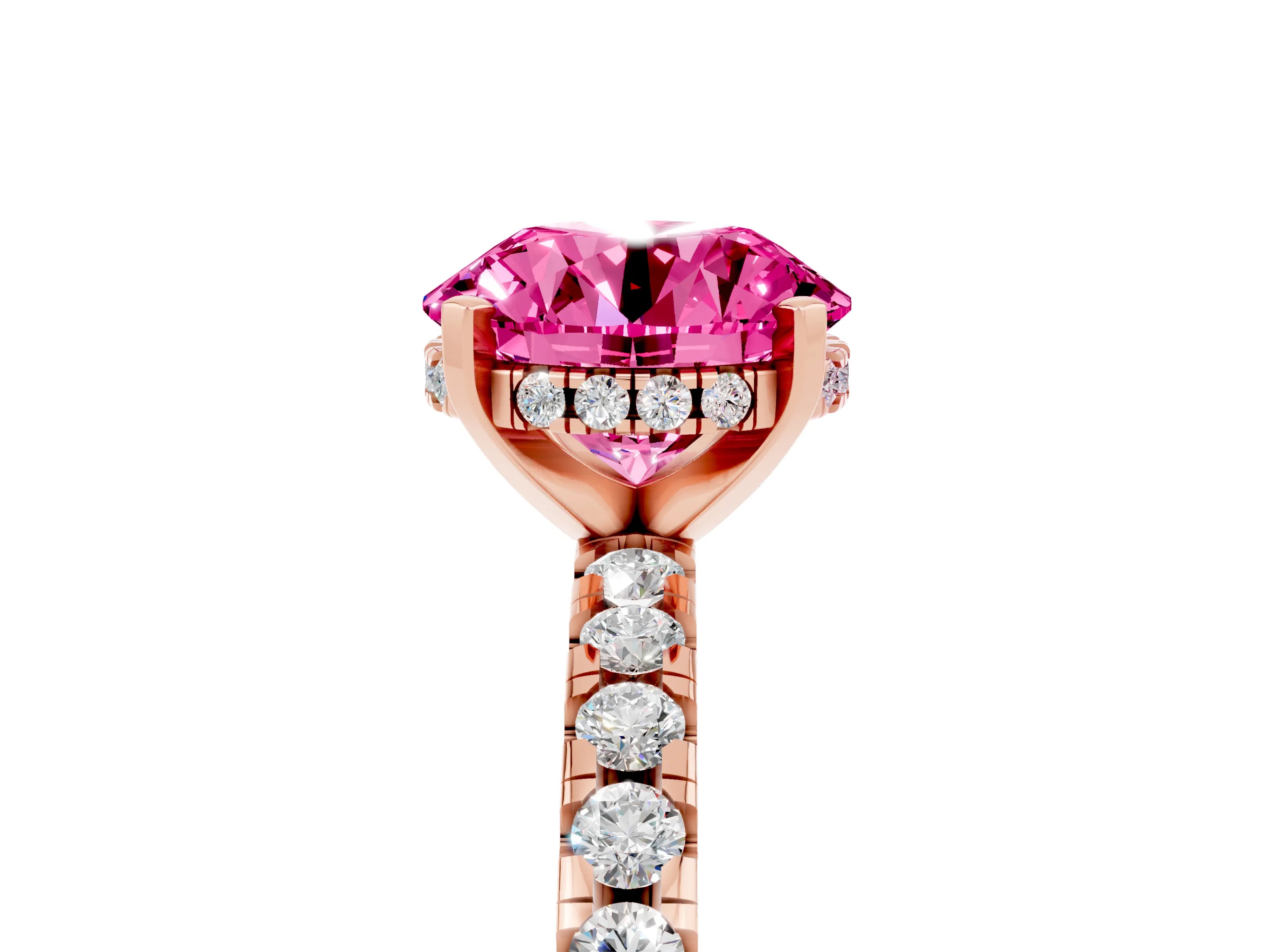 Rose gold Round Cut Pink Sapphire Solitaire Ring with Pavé Band and Four-Prong Setting_65
