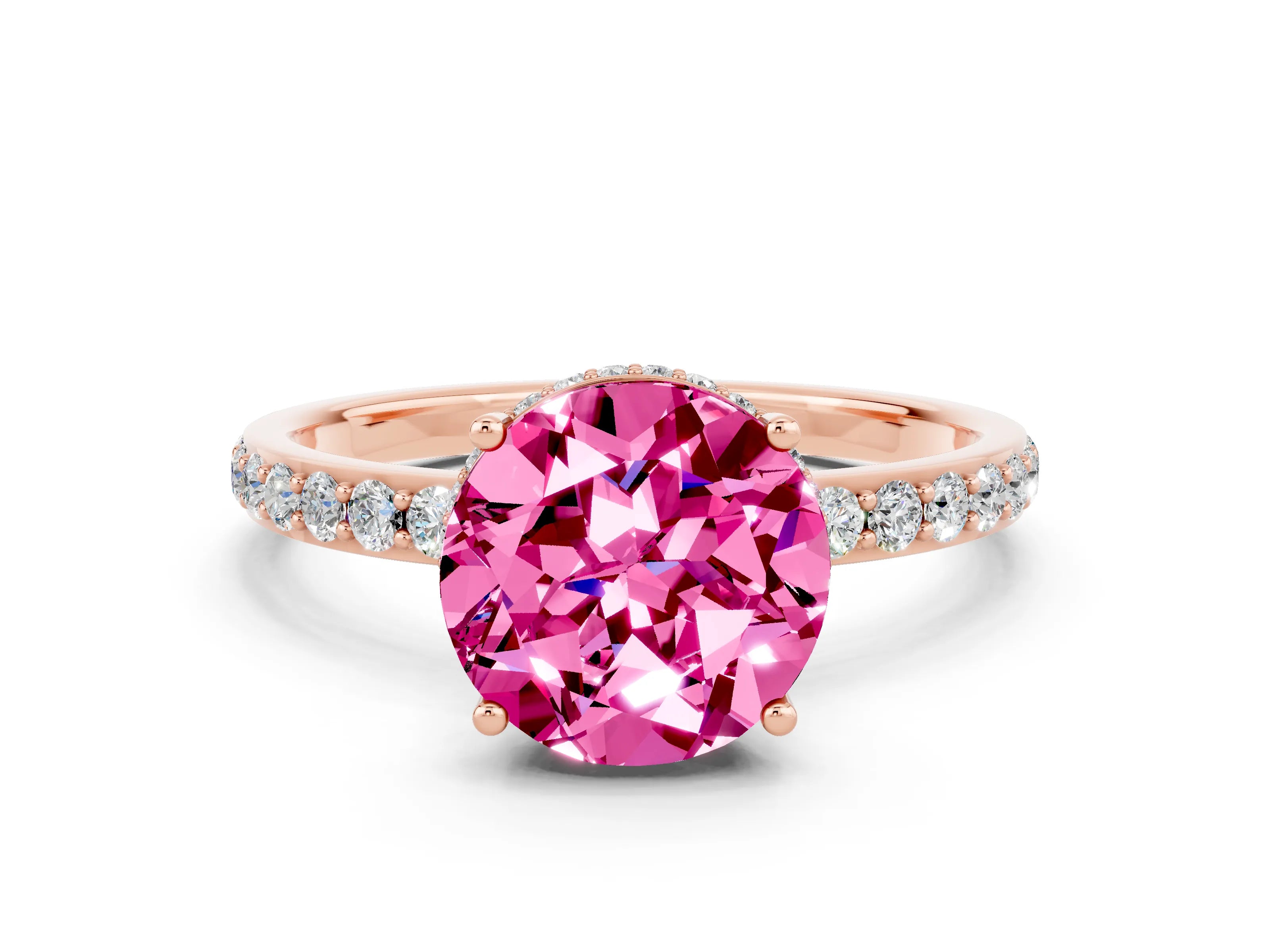 Rose gold Round Cut Pink Sapphire Solitaire Ring with Pavé Band and Hidden Halo_12