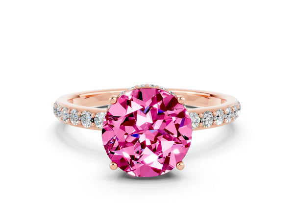 Rose gold Round Cut Pink Sapphire Solitaire Ring with Pavé Band and Hidden Halo