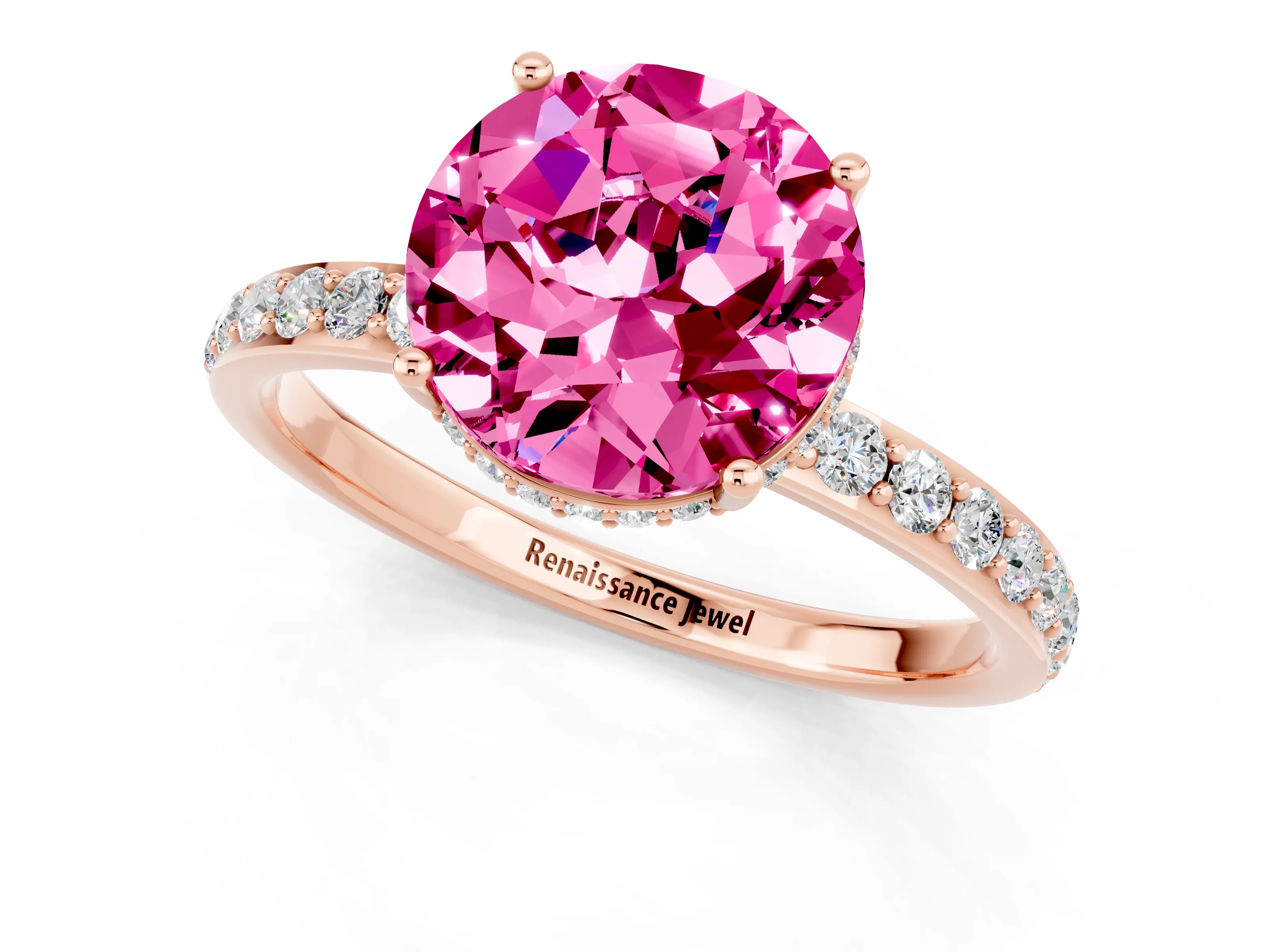 Rose gold Round Cut Pink Sapphire Solitaire Ring with Pavé Band and Hidden Halo_13