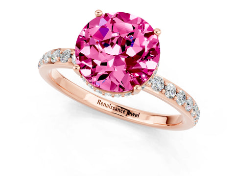 Rose gold Round Cut Pink Sapphire Solitaire Ring with Pavé Band and Hidden Halo_13