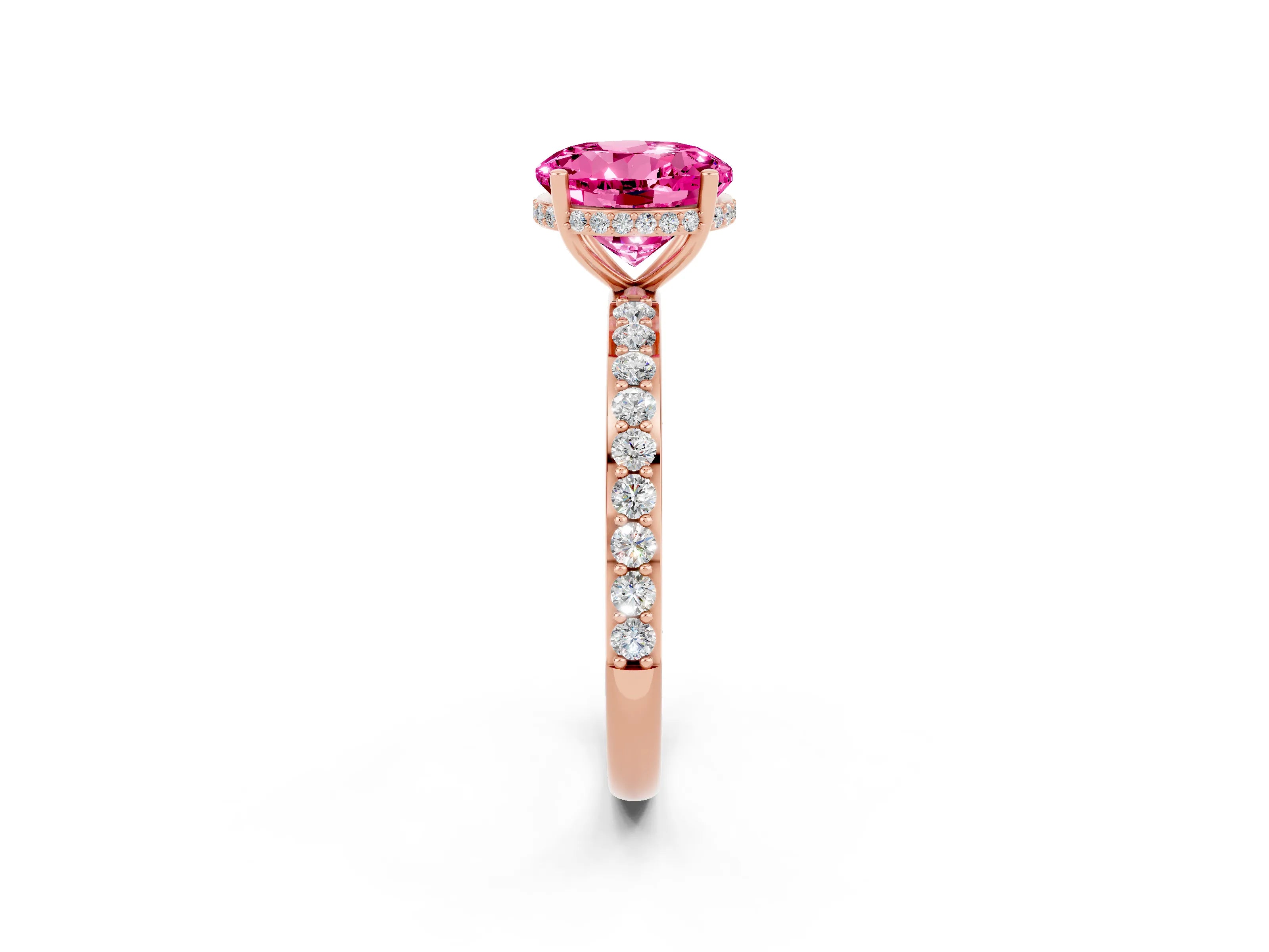 Rose gold Round Cut Pink Sapphire Solitaire Ring with Pavé Band and Hidden Halo_14