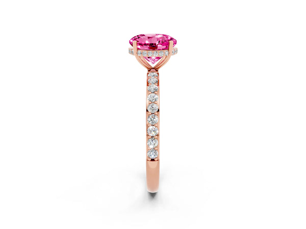 Rose gold Round Cut Pink Sapphire Solitaire Ring with Pavé Band and Hidden Halo