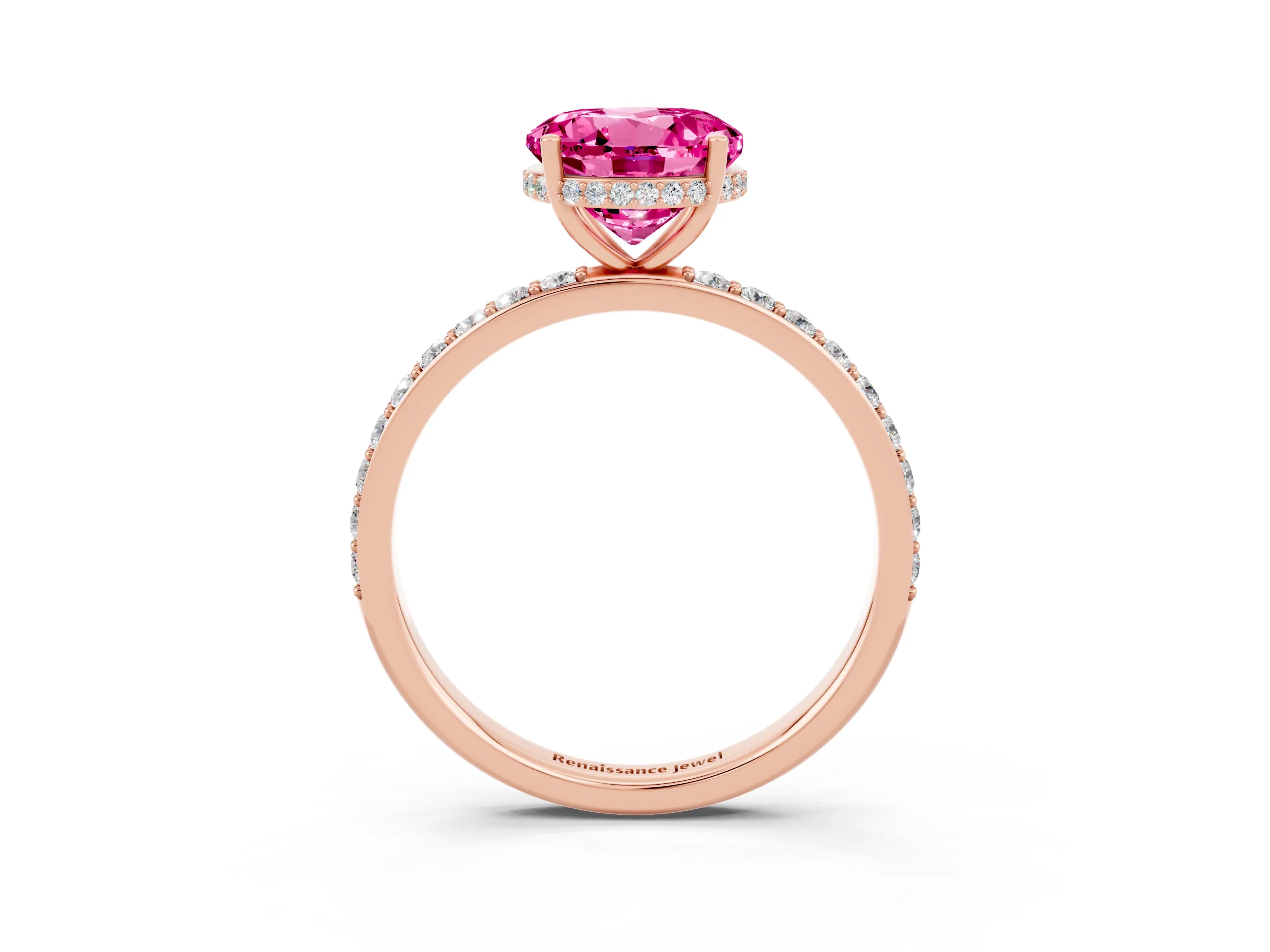 Rose gold Round Cut Pink Sapphire Solitaire Ring with Pavé Band and Hidden Halo_15