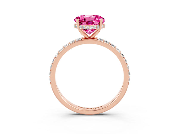 Rose gold Round Cut Pink Sapphire Solitaire Ring with Pavé Band and Hidden Halo