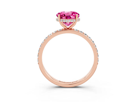 Rose gold Round Cut Pink Sapphire Solitaire Ring with Pavé Band and Hidden Halo_15