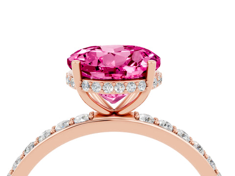 Rose gold Round Cut Pink Sapphire Solitaire Ring with Pavé Band and Hidden Halo_16