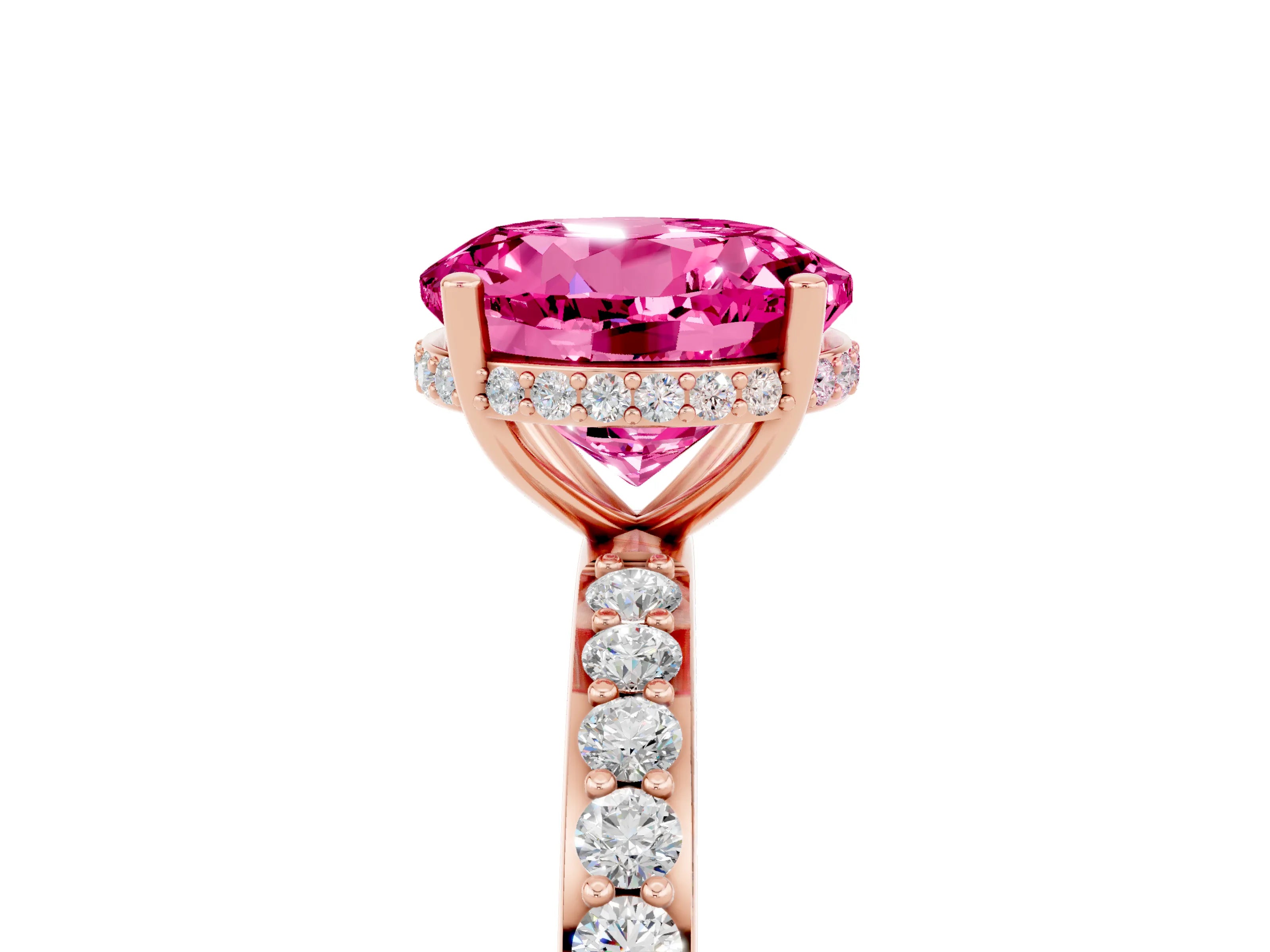 Rose gold Round Cut Pink Sapphire Solitaire Ring with Pavé Band and Hidden Halo_17