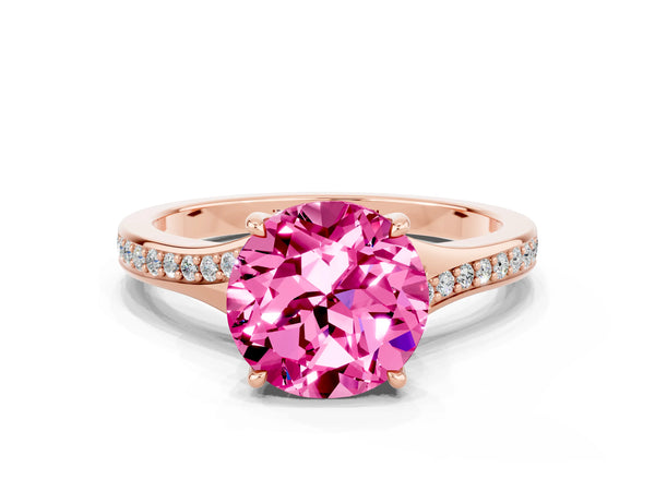 Rose gold Round Cut Pink Sapphire Solitaire Ring with Pavé Band and Prong Setting
