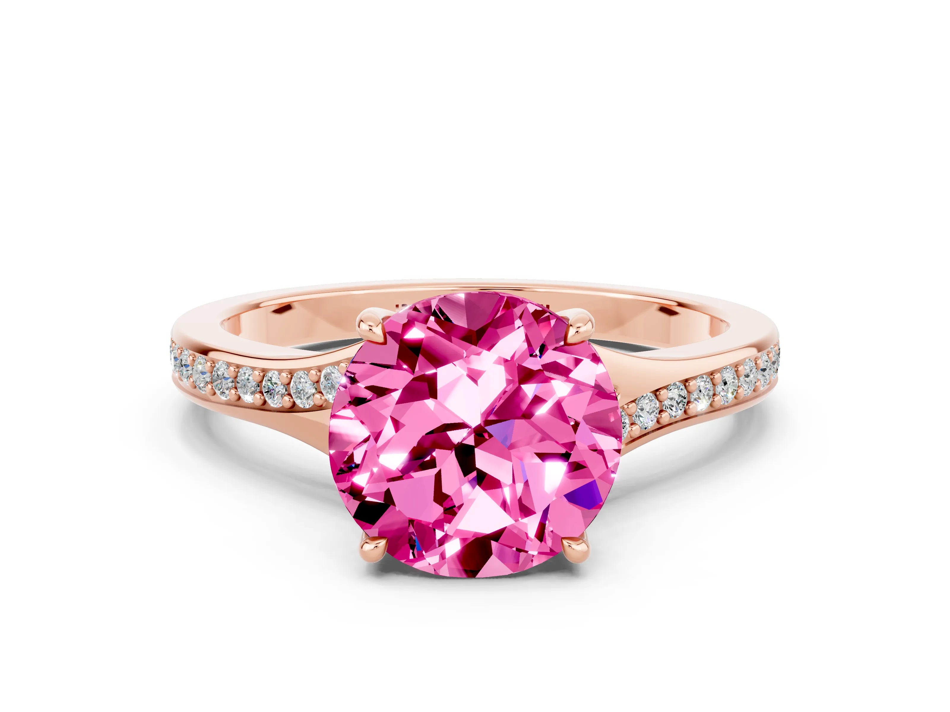 Rose gold Round Cut Pink Sapphire Solitaire Ring with Pavé Band and Prong Setting_12