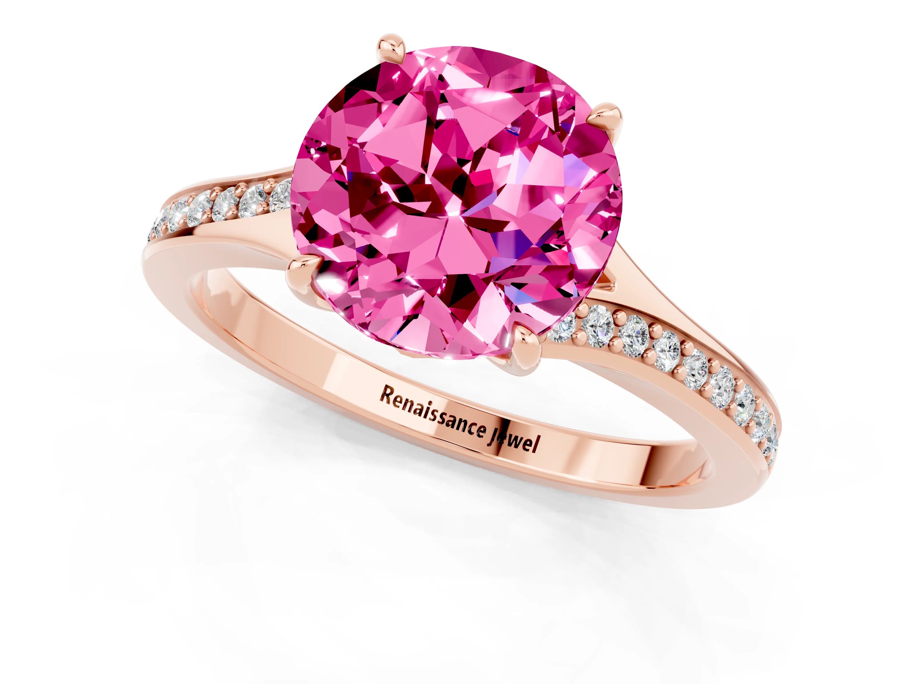 Rose gold Round Cut Pink Sapphire Solitaire Ring with Pavé Band and Prong Setting_13