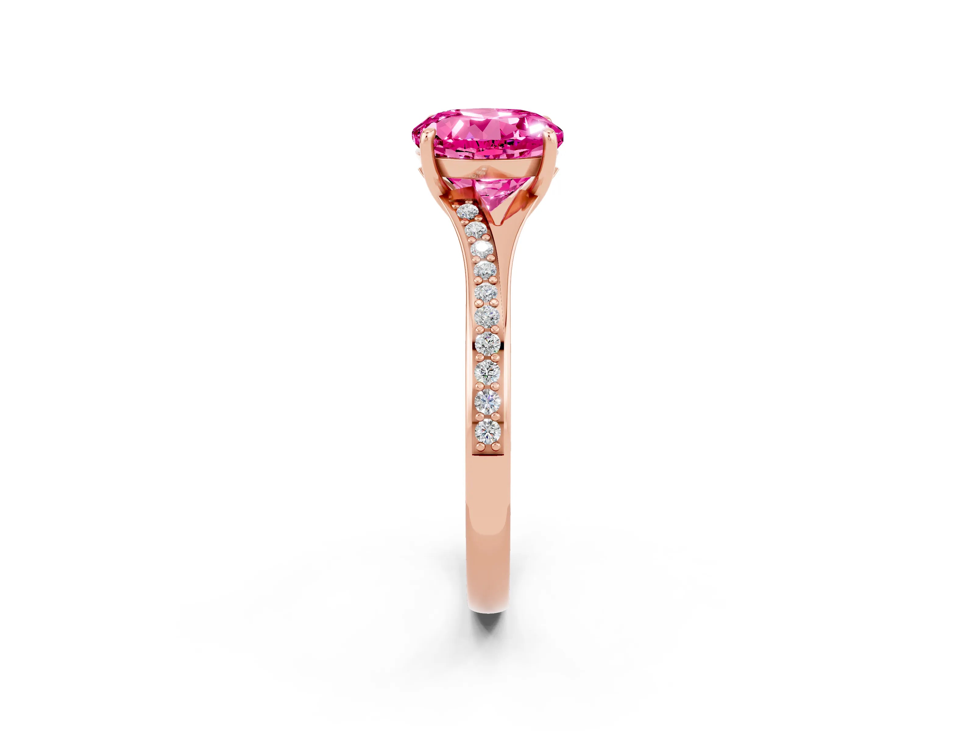 Rose gold Round Cut Pink Sapphire Solitaire Ring with Pavé Band and Prong Setting_14