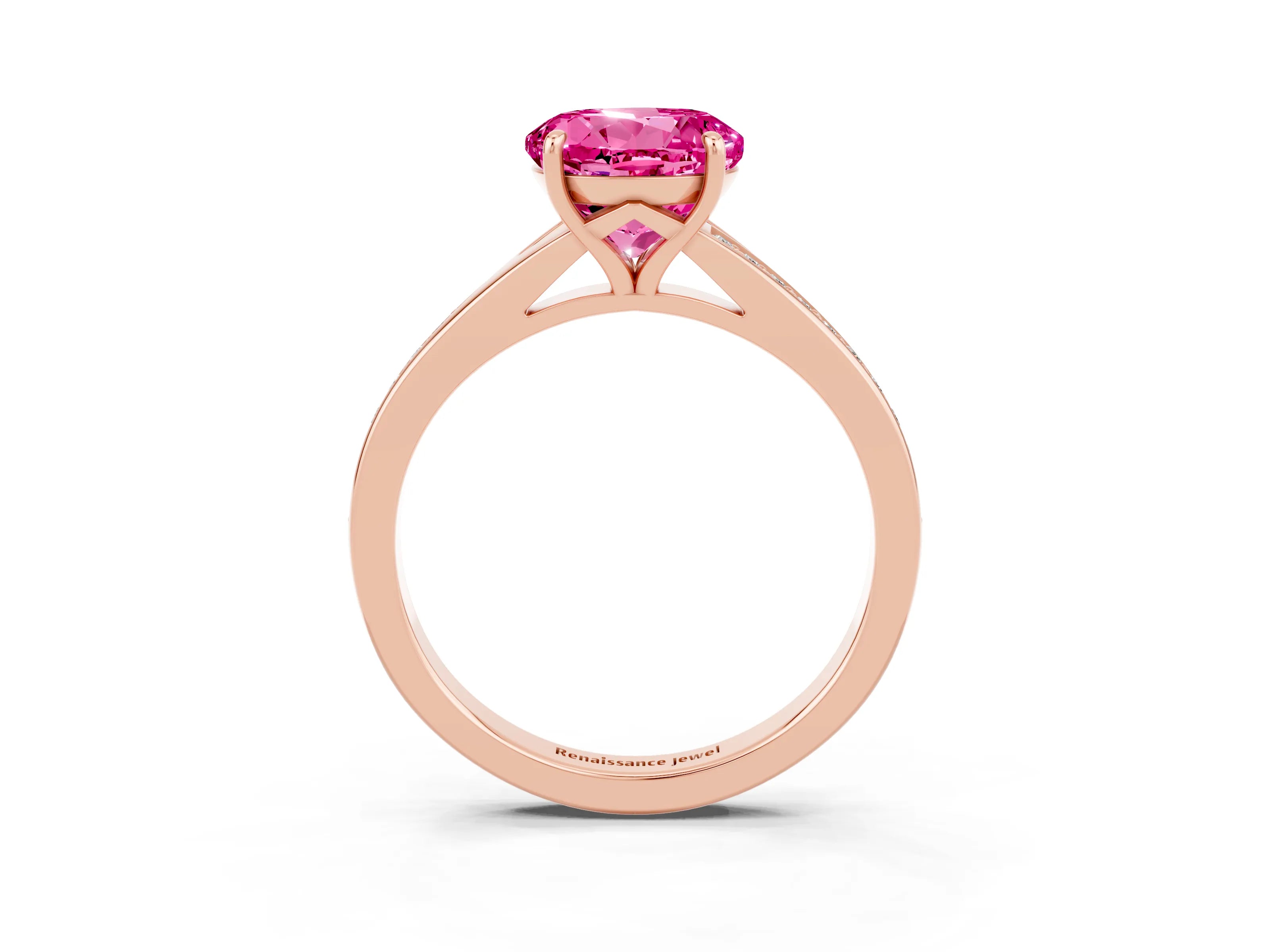 Rose gold Round Cut Pink Sapphire Solitaire Ring with Pavé Band and Prong Setting_15
