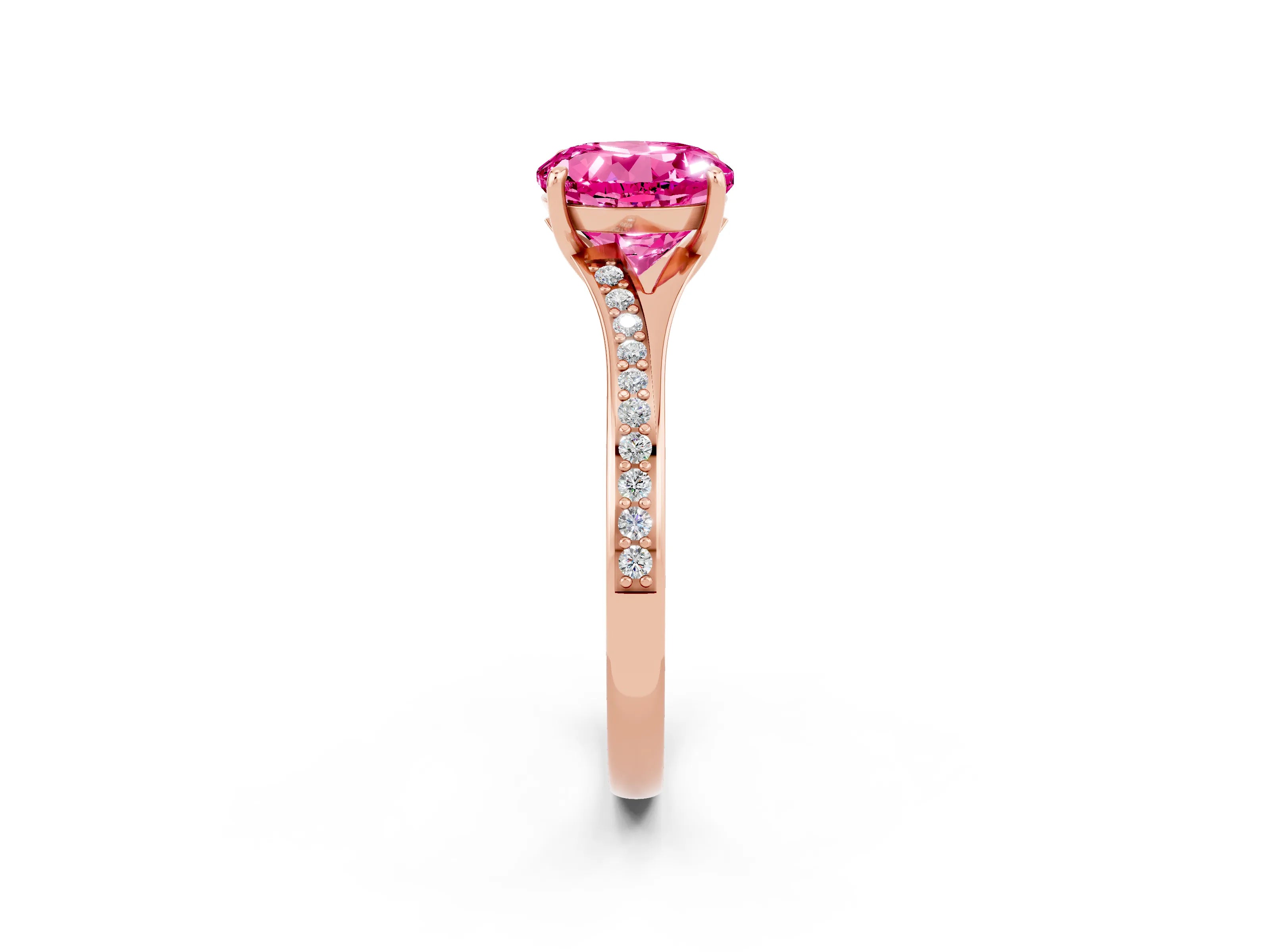 Rose gold Round Cut Pink Sapphire Solitaire Ring with Pavé Band and Prong Setting_2