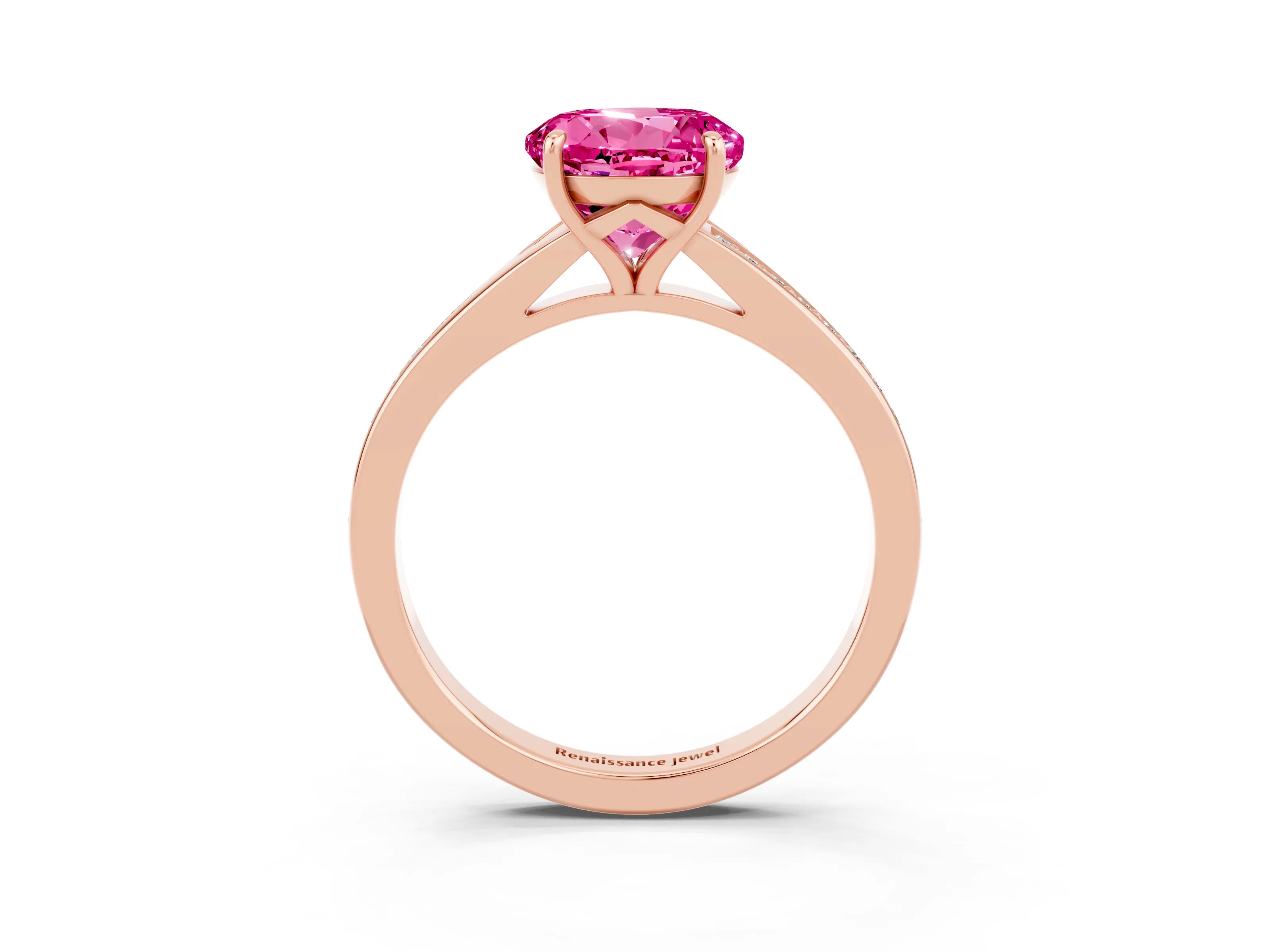 Rose gold Round Cut Pink Sapphire Solitaire Ring with Pavé Band and Prong Setting_3