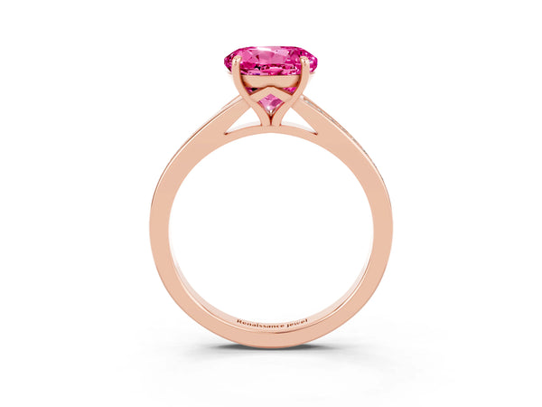 Rose gold Round Cut Pink Sapphire Solitaire Ring with Pavé Band and Prong Setting