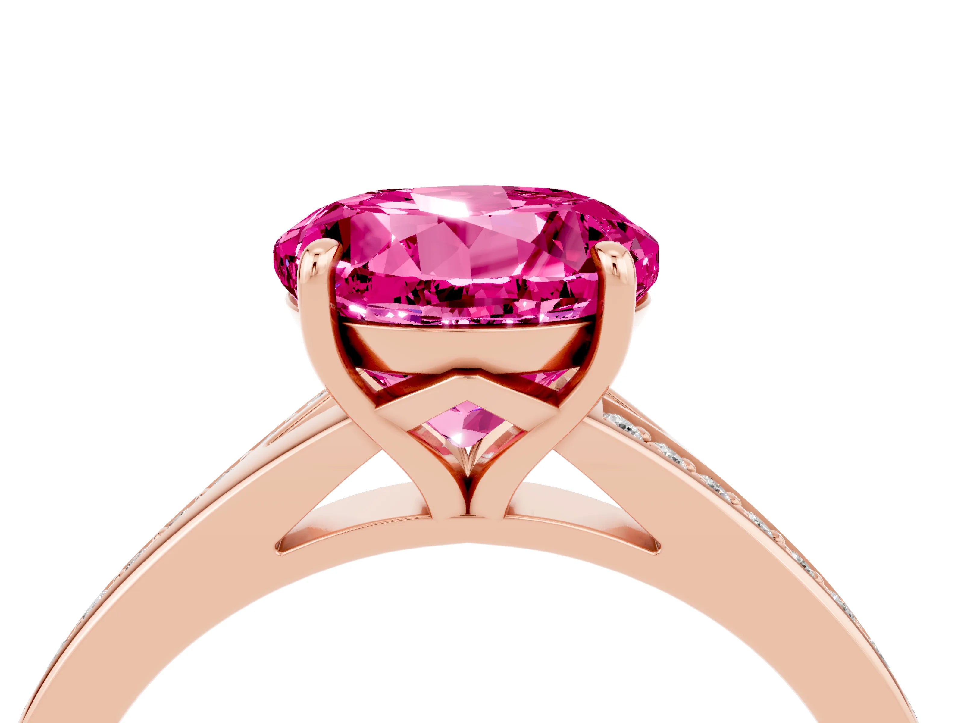 Rose gold Round Cut Pink Sapphire Solitaire Ring with Pavé Band and Prong Setting_4