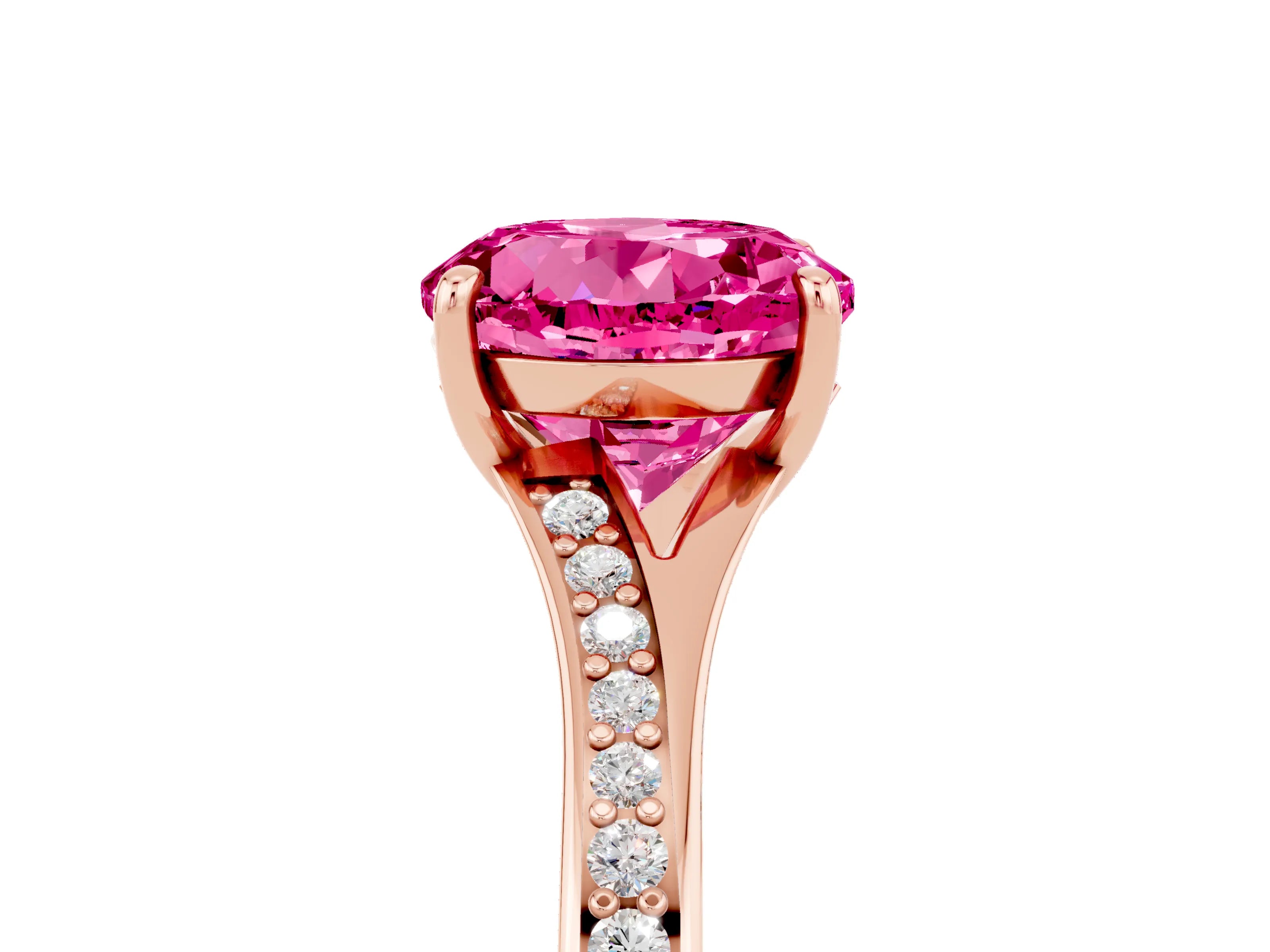 Rose gold Round Cut Pink Sapphire Solitaire Ring with Pavé Band and Prong Setting_5