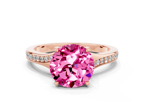Rose gold Round Cut Pink Sapphire Solitaire Ring with Pavé Band and Prong Setting