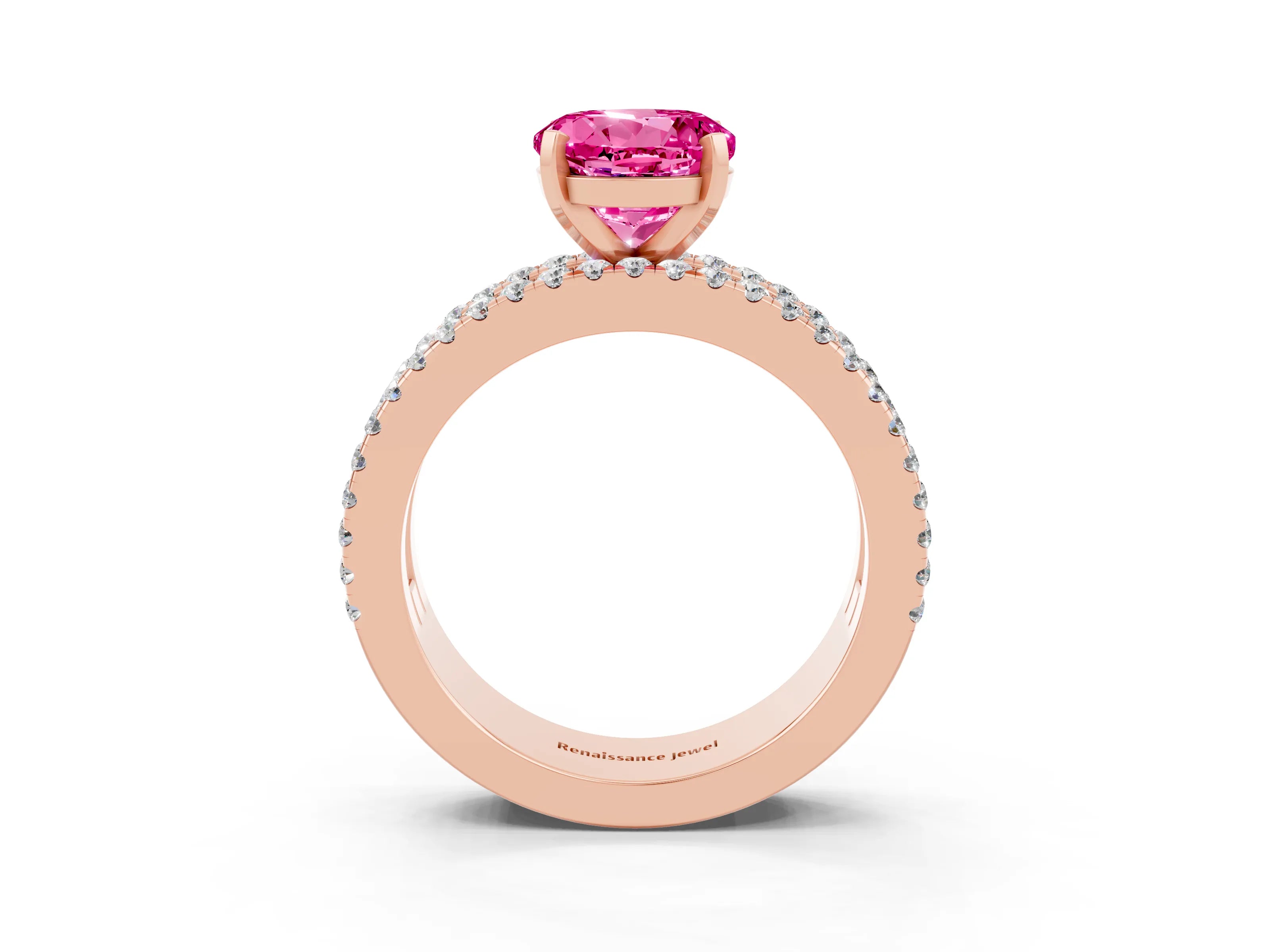 Rose gold Round Cut Pink Sapphire Solitaire Ring with Pavé and Channel Set Band_27