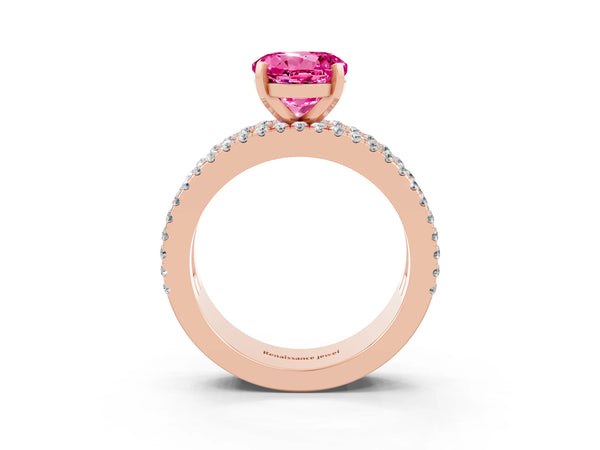 Rose gold Round Cut Pink Sapphire Solitaire Ring with Pavé and Channel Set Band