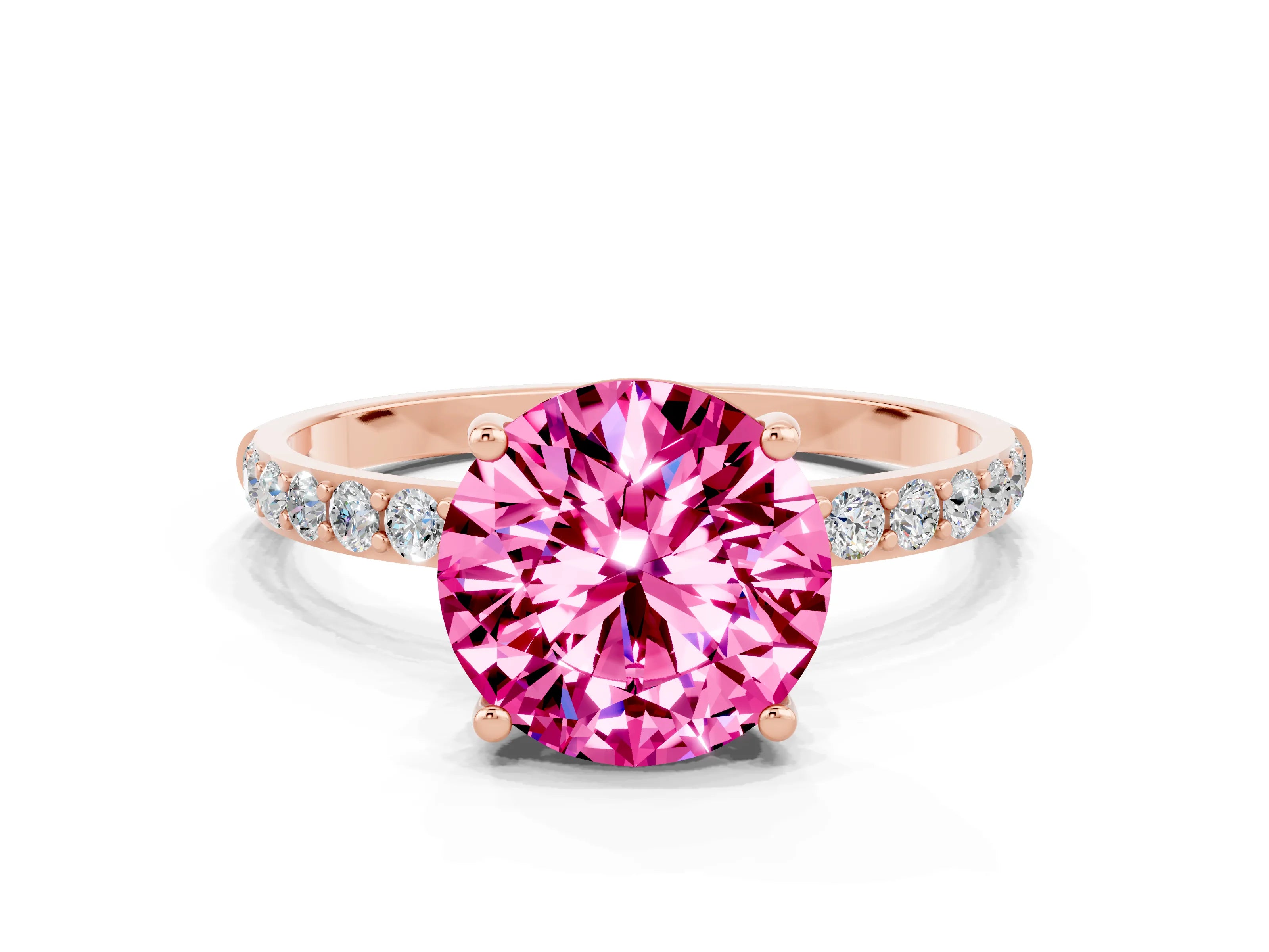 Rose gold Round Cut Pink Sapphire Solitaire Ring with Pave Band and Four Prong Setting_48