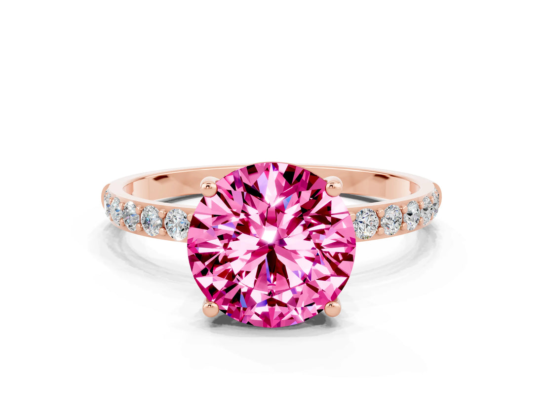Rose gold Round Cut Pink Sapphire Solitaire Ring with Pave Band and Four Prong Setting_48
