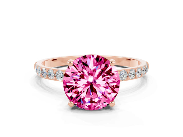 Rose gold Round Cut Pink Sapphire Solitaire Ring with Round  Pavé Band and Prong Setting