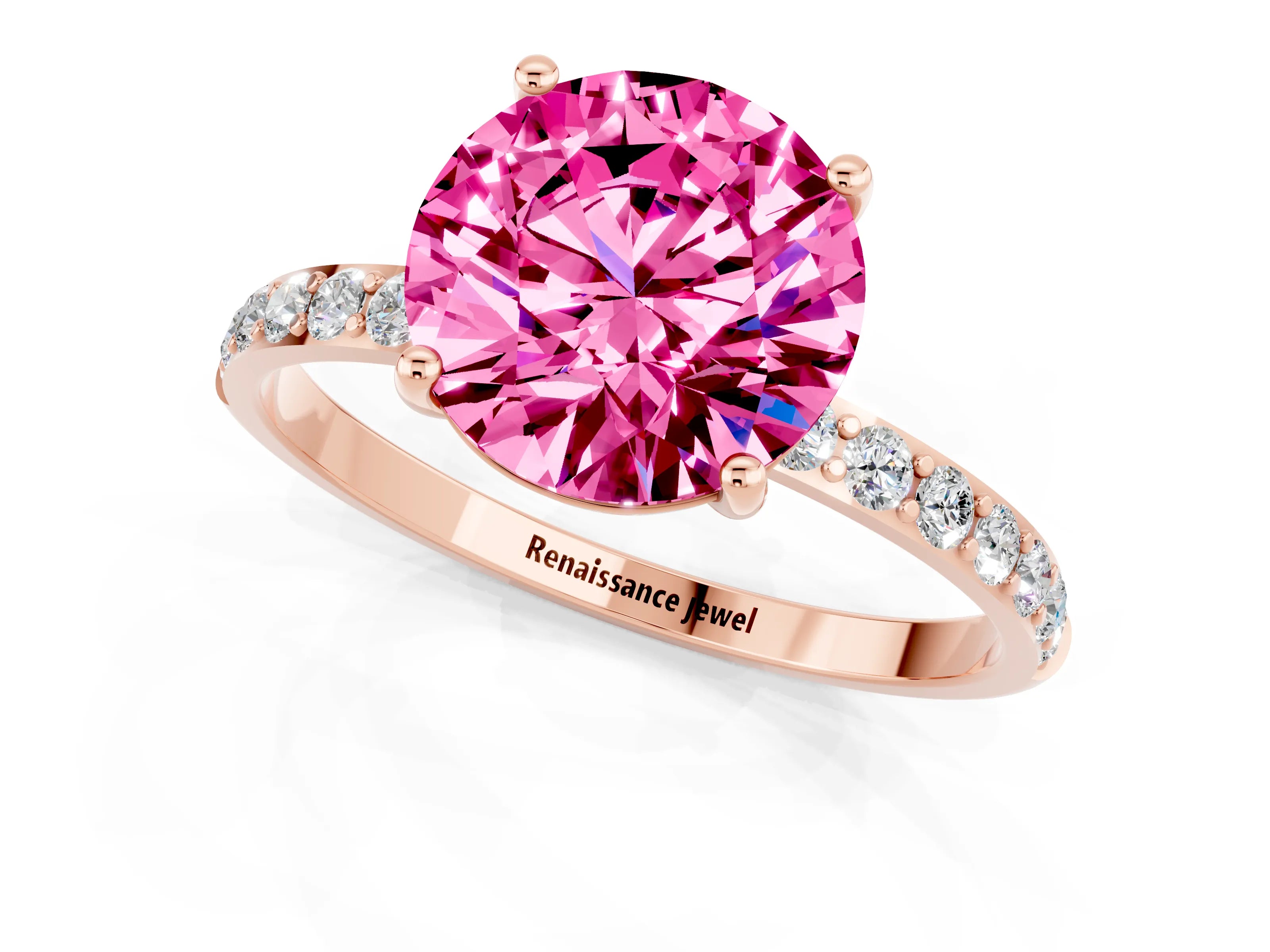 Rose gold Round Cut Pink Sapphire Solitaire Ring with Pave Band and Four Prong Setting_49