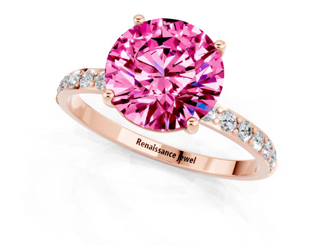 Rose gold Round Cut Pink Sapphire Solitaire Ring with Pave Band and Four Prong Setting_49