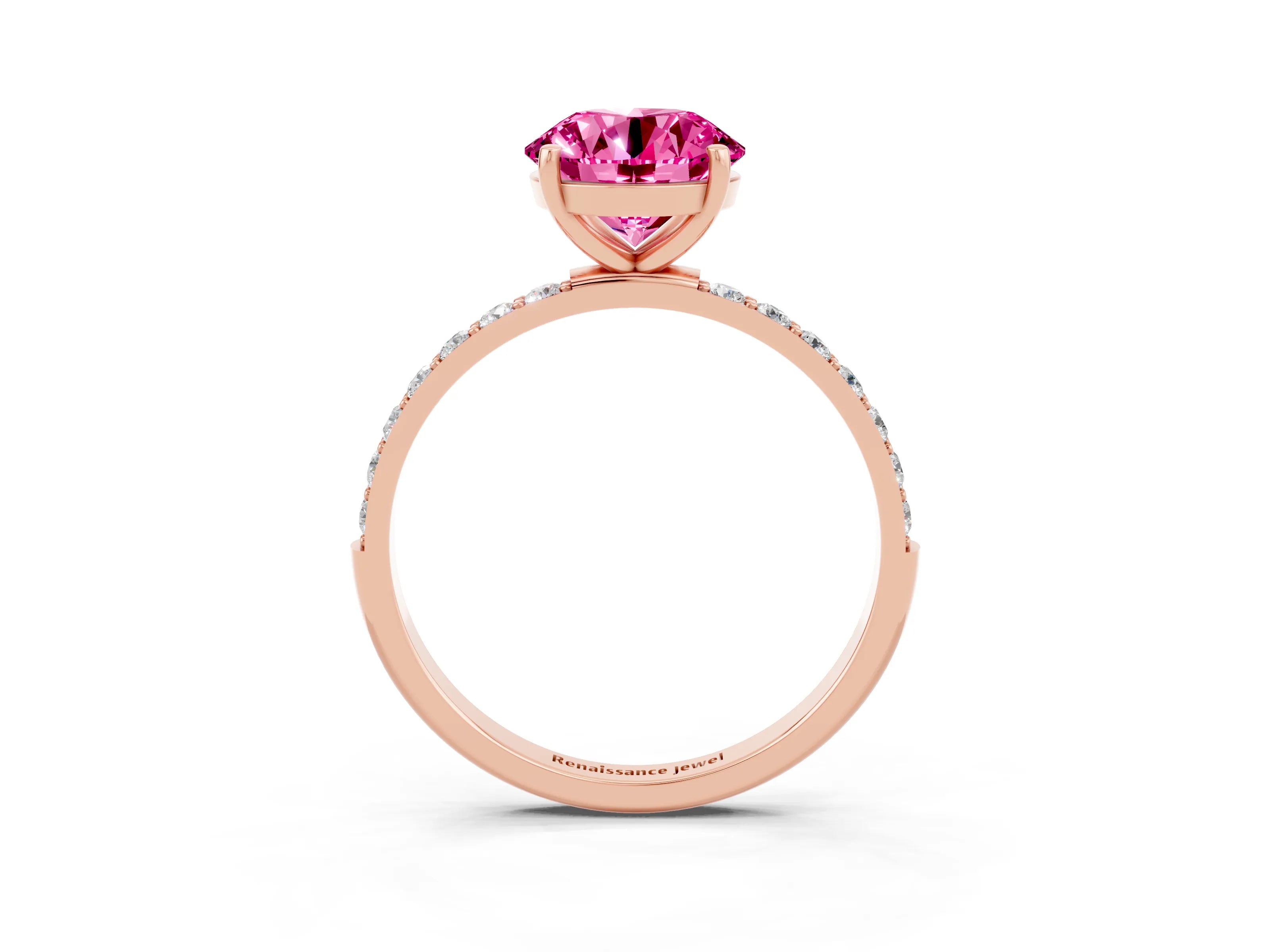 Rose gold Round Cut Pink Sapphire Solitaire Ring with Pave Band and Four Prong Setting_51