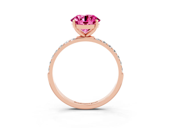 Rose gold Round Cut Pink Sapphire Solitaire Ring with Round  Pavé Band and Prong Setting